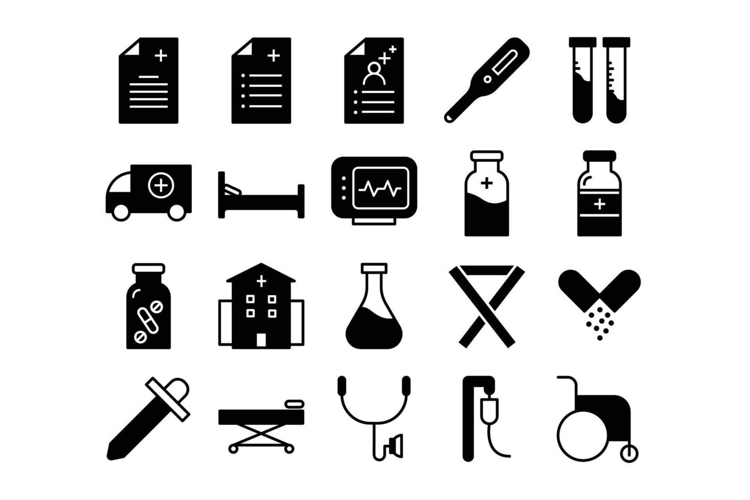 medizinische ausrüstung, krankenhaus, medizin, symbolsatz. Linien mit bearbeitbaren Strichen vektor
