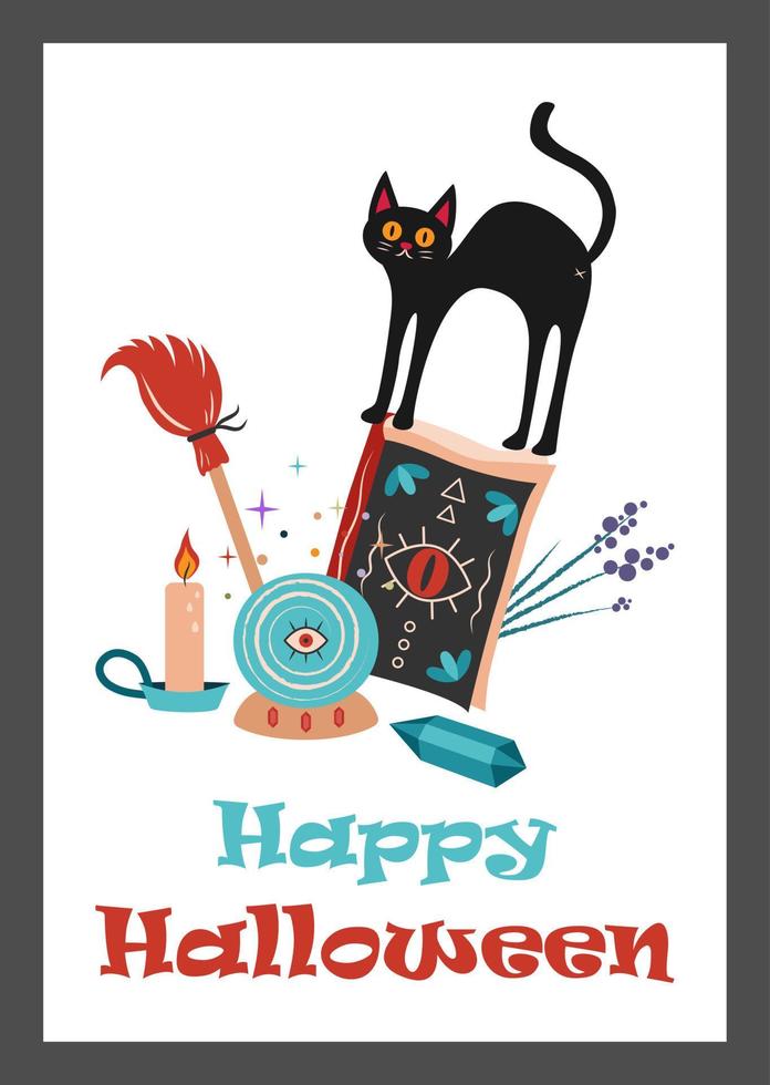 glückliche halloween-postkarte mit einer schwarzen katze und den gegenständen einer hexe vektor