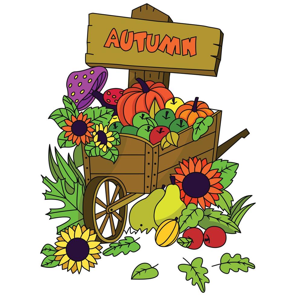 Schubkarrenauto mit Herbstschild voller Kürbis-Sonnenblumen-Apfelpilz vektor