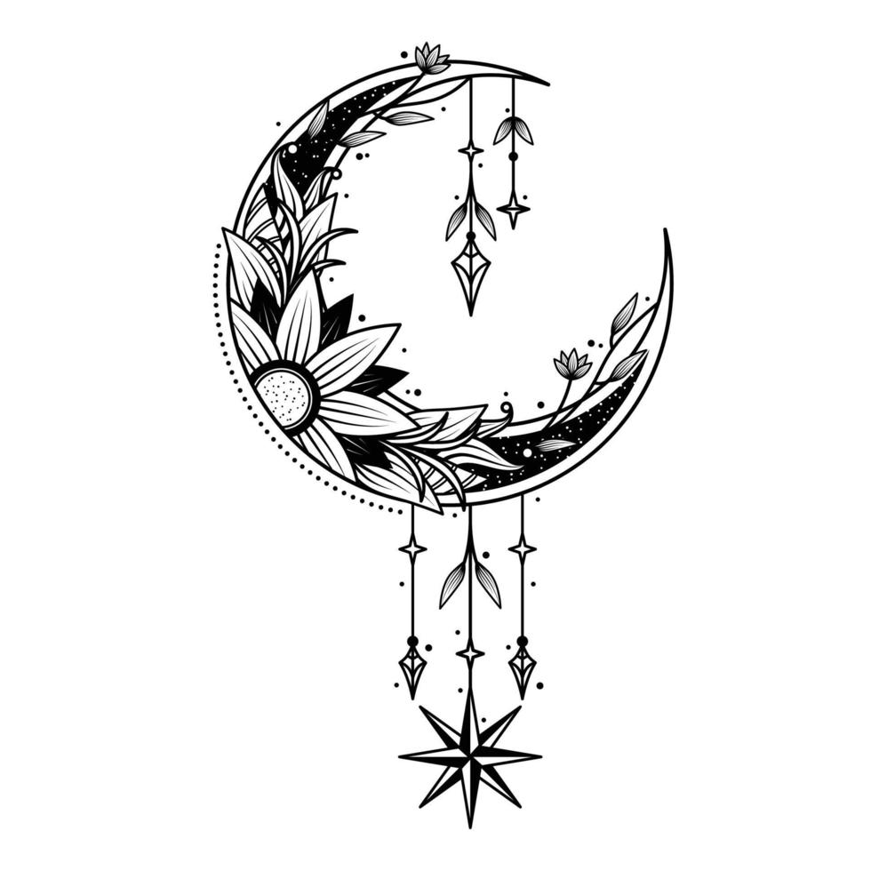 monochromes Blumenmond-Logo-Design für Tattoo-Unternehmen oder Unternehmen vektor
