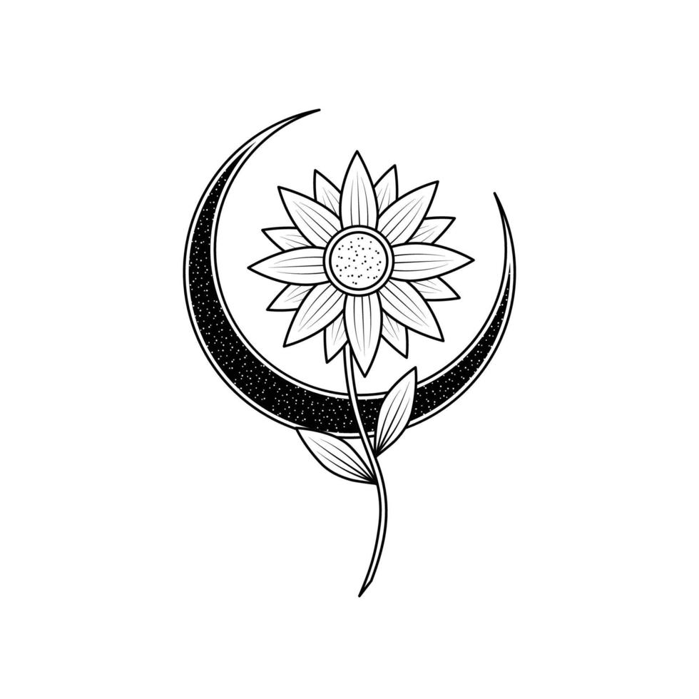 svartvit blommig måne logotyp design vektor