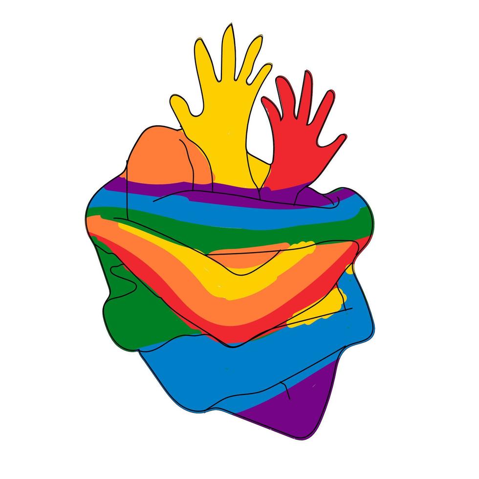 en hjärta tillverkad av fattande händer. målad i de HBTQ flagga, de Färg av de regnbåge vektor