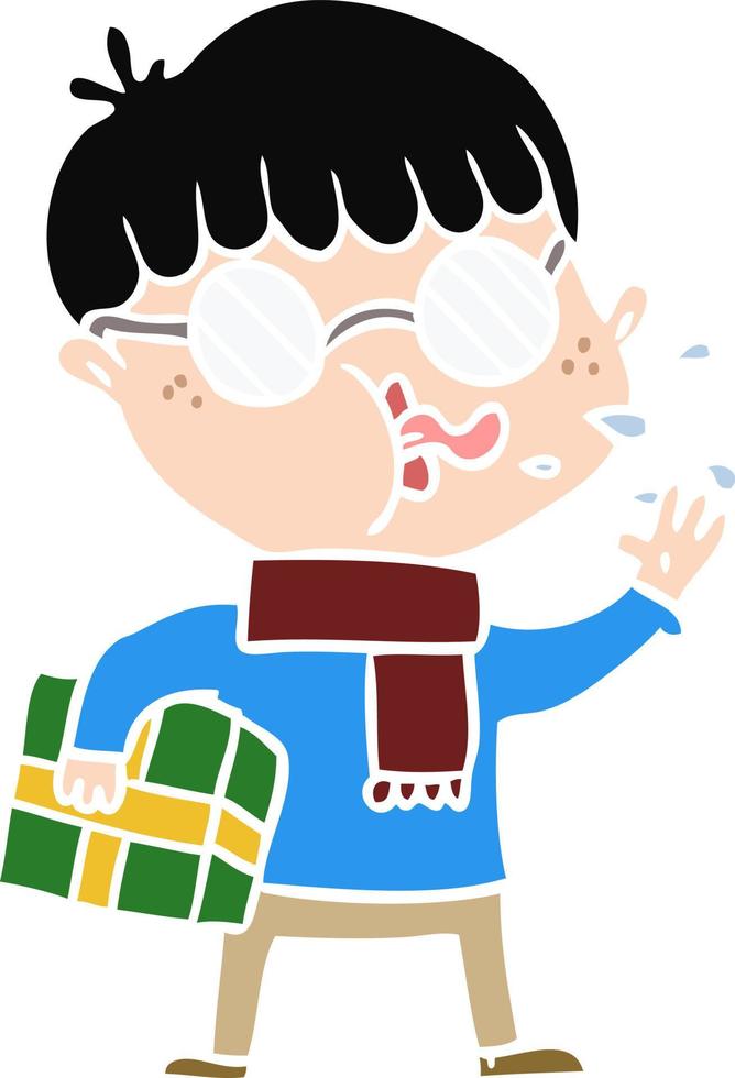 Cartoon-Junge mit flacher Farbe und Brille mit Weihnachtsgeschenk vektor