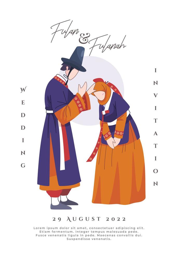 koreanische muslimische paarillustration, die traditionelles purpurrotes und orangefarbenes kleid trägt vektor