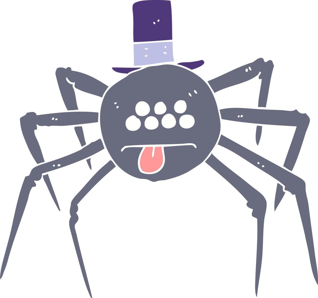 Flache Farbdarstellung einer Cartoon-Halloween-Spinne im Hut vektor