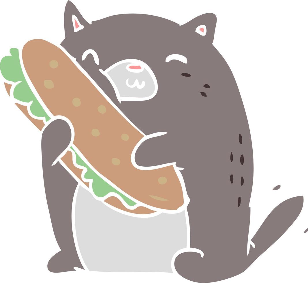 Cartoon-Katze im flachen Farbstil, die das erstaunliche Sandwich liebt, das er gerade zum Mittagessen gemacht hat vektor
