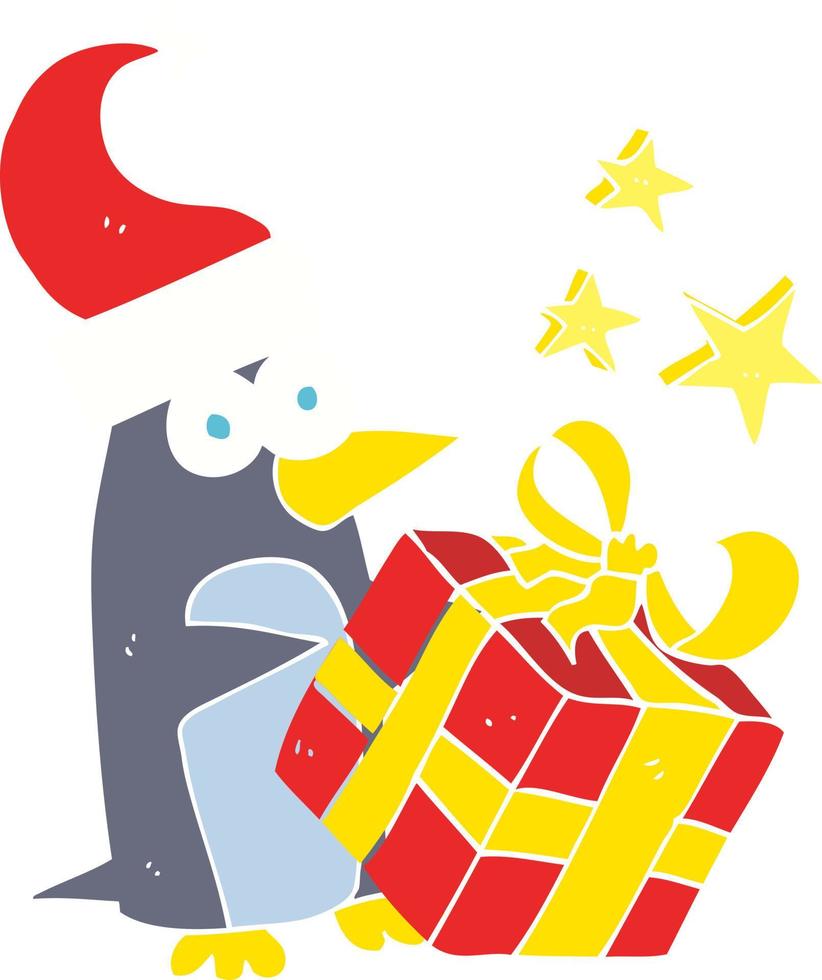 Flache Farbdarstellung eines Cartoon-Weihnachtspinguins mit Geschenk vektor