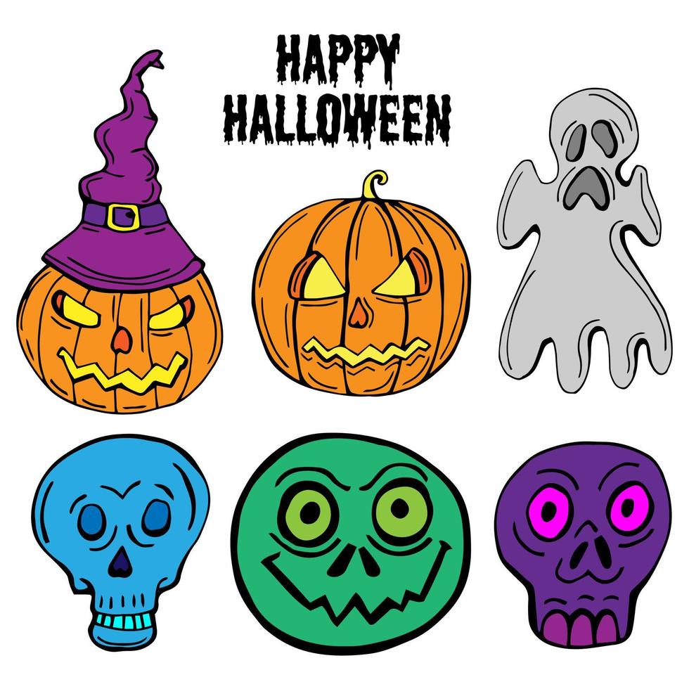 vektor uppsättning av halloween karaktär huvuden den där inkluderar en pumpa, en spöke, en zombie, en skelett