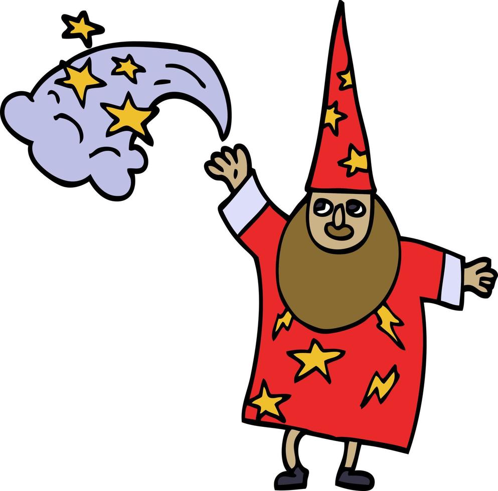 tecknad doodle wizard casting spell vektor