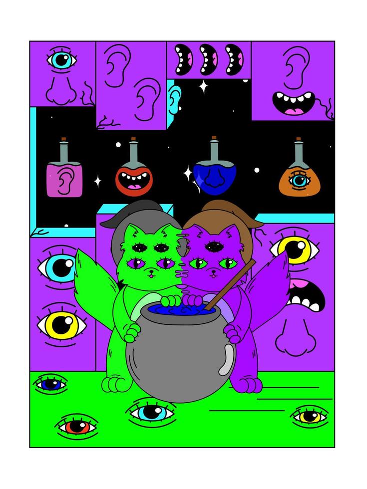 psychedelisches Halloween-Poster. siamesische Zwillingskätzchen brauen einen Trank in Hexenhüten. Surrealismus. vektor