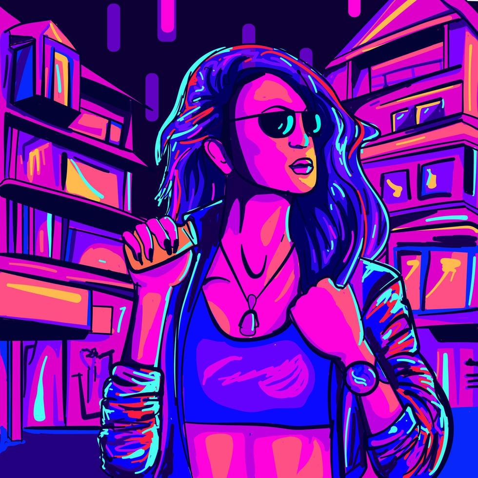 synthwave digital konst av en ung kvinna i en stad under neon lampor. stadsbild illustration av en flicka med solglasögon. disko och 80s musik begrepp. vektor