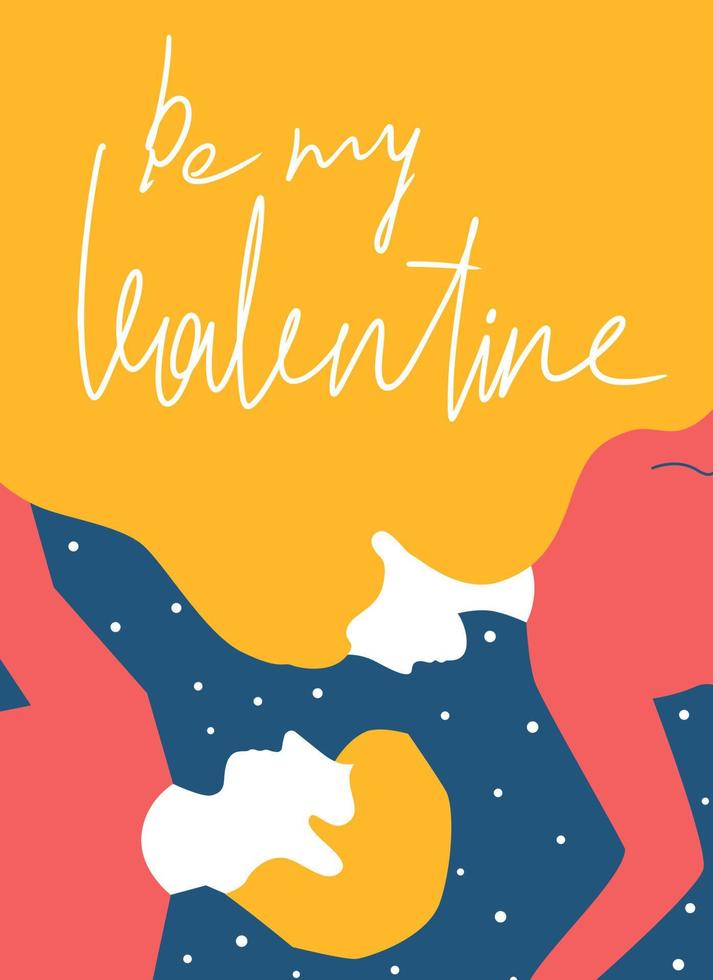 valentinstagpostkarte mit verliebtem paar im minimalistischen stil mit handgezeichnetem valentinstag-schriftzug. trendiges romantisches poster für den 14. februar vektor