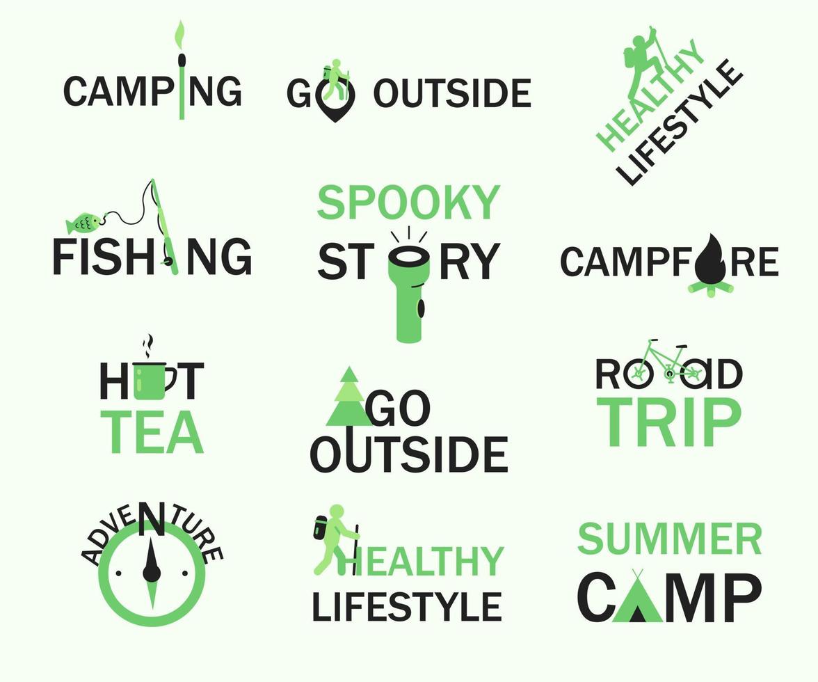 setzen sie camping- und outdoor-symbole mit schriftzügen und elementen für das web vektor