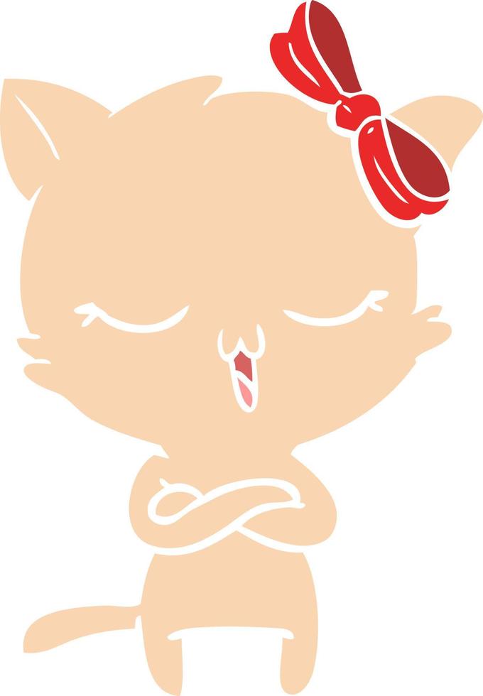 platt färg stil tecknad katt med rosett på huvudet vektor