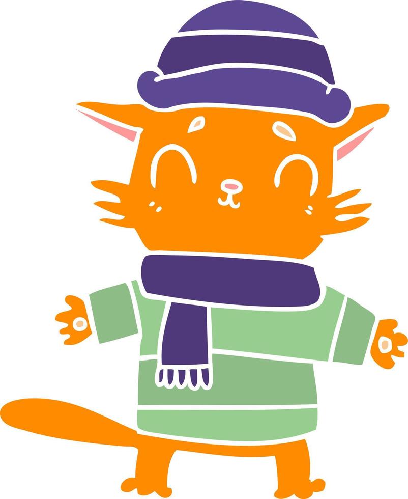 platt Färg stil tecknad serie katt i vinter- kläder vektor