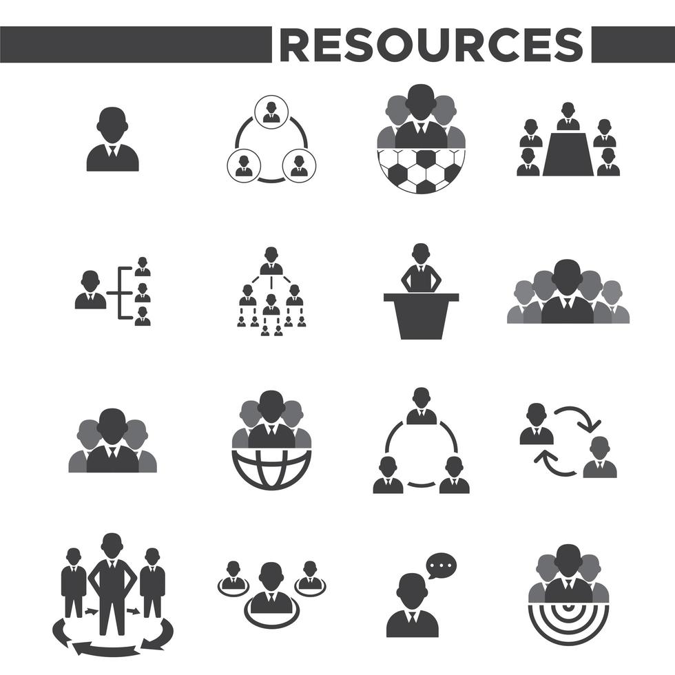 uppsättning av 16 svartvita mänskliga resurser ikoner vektor