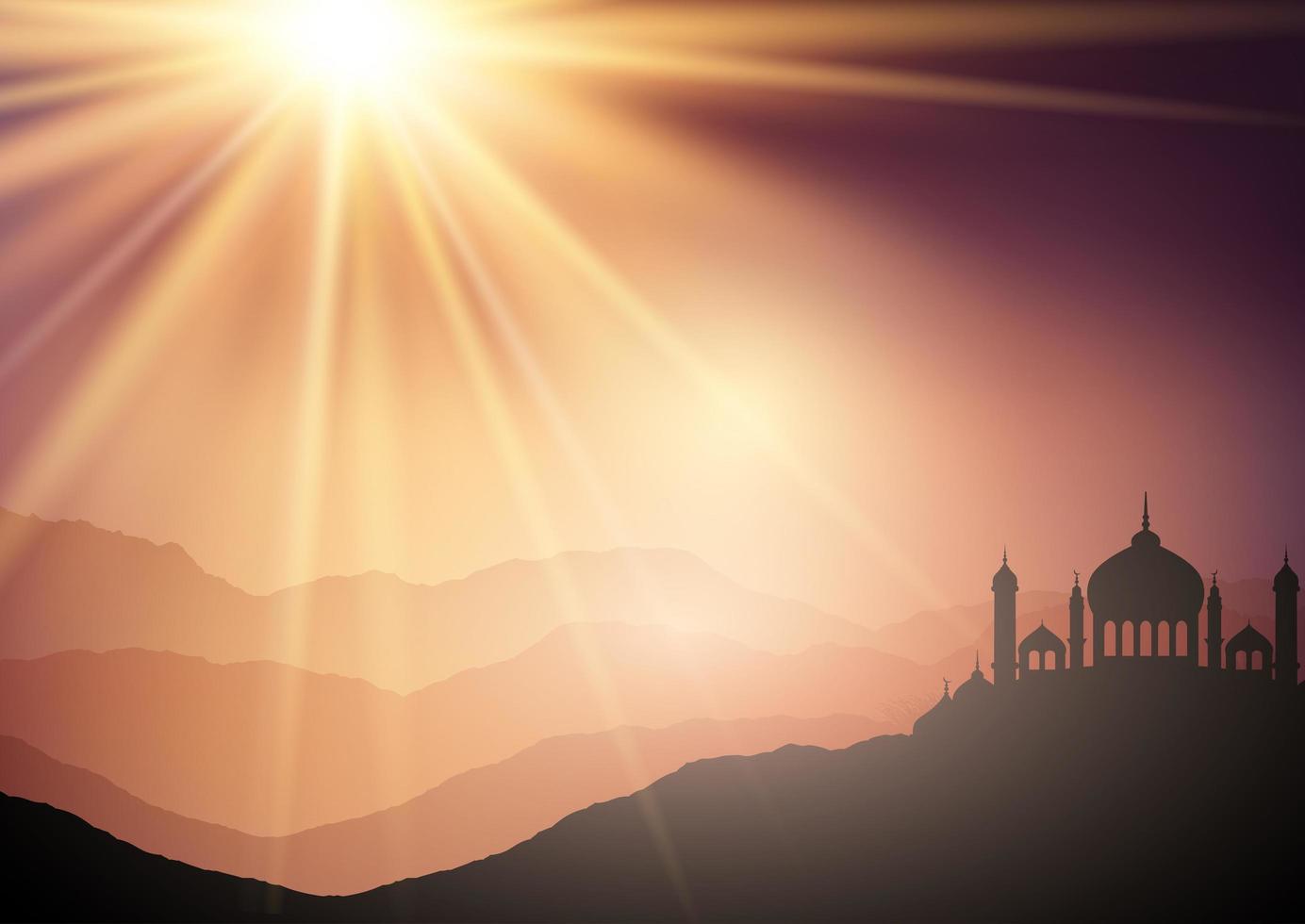 landskapsbakgrund med moskéer mot solnedgångshimmel vektor