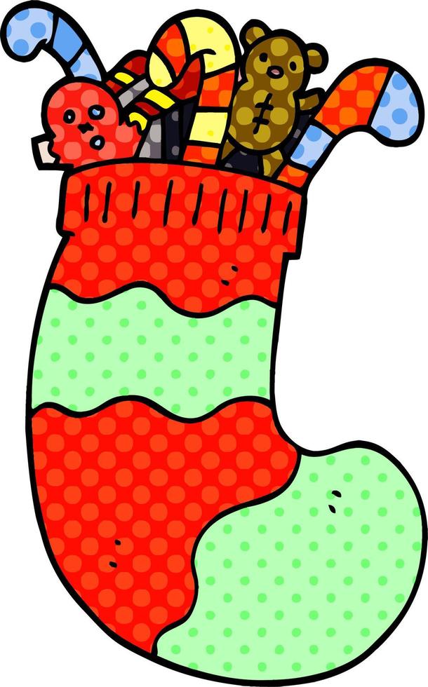 tecknad doodle julstrumpa full av leksaker vektor