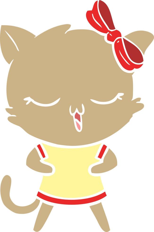 platt färg stil tecknad katt med rosett på huvudet vektor