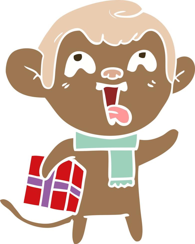 verrückter Cartoon-Affe im flachen Farbstil mit Weihnachtsgeschenk vektor