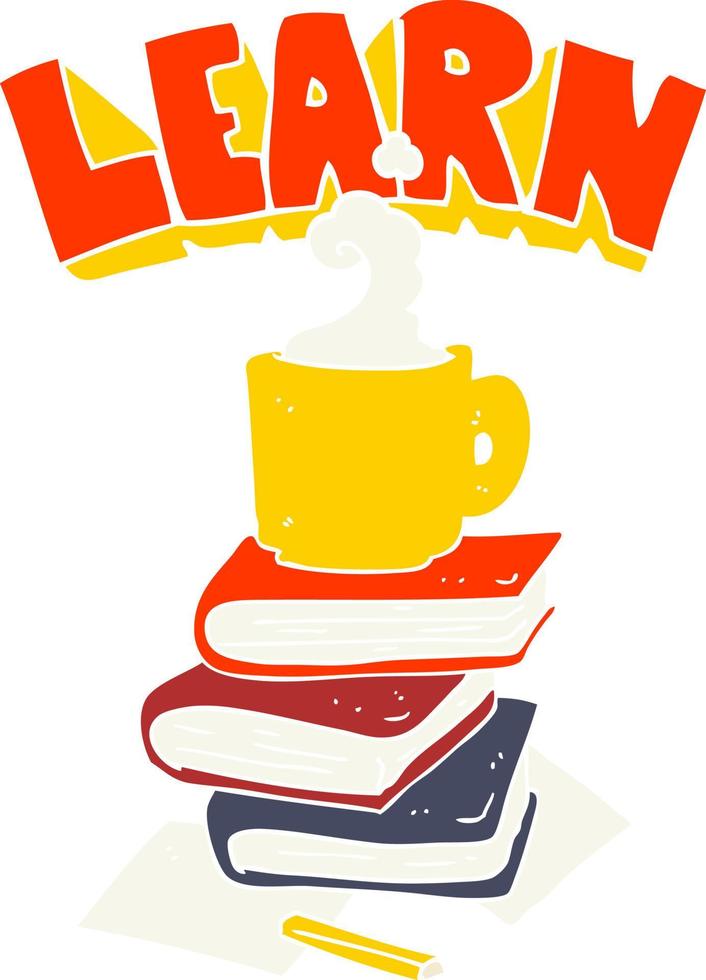 platt Färg illustration av en tecknad serie böcker och kaffe kopp under lära sig symbol vektor
