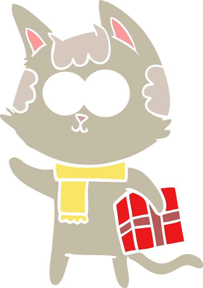 glückliche Cartoon-Katze im flachen Farbstil mit Weihnachtsgeschenk vektor
