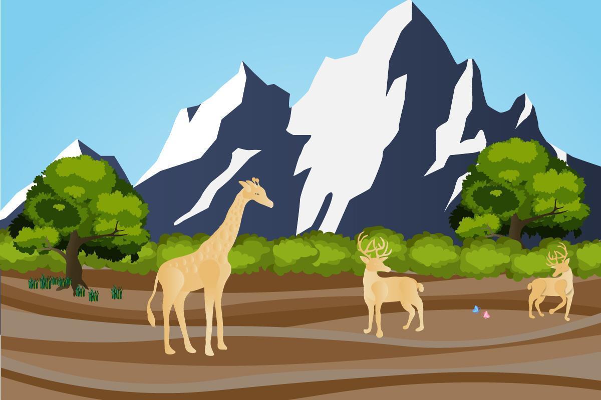 Giraffen und Hirsche mit Bergen vektor