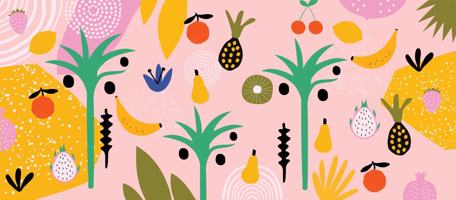 färgrik organisk former klotter samling. söt botanisk former, slumpmässig barnslig klotter utskärningar av tropisk löv, frukt och blommor, dekorativ abstrakt konst vektor illustration