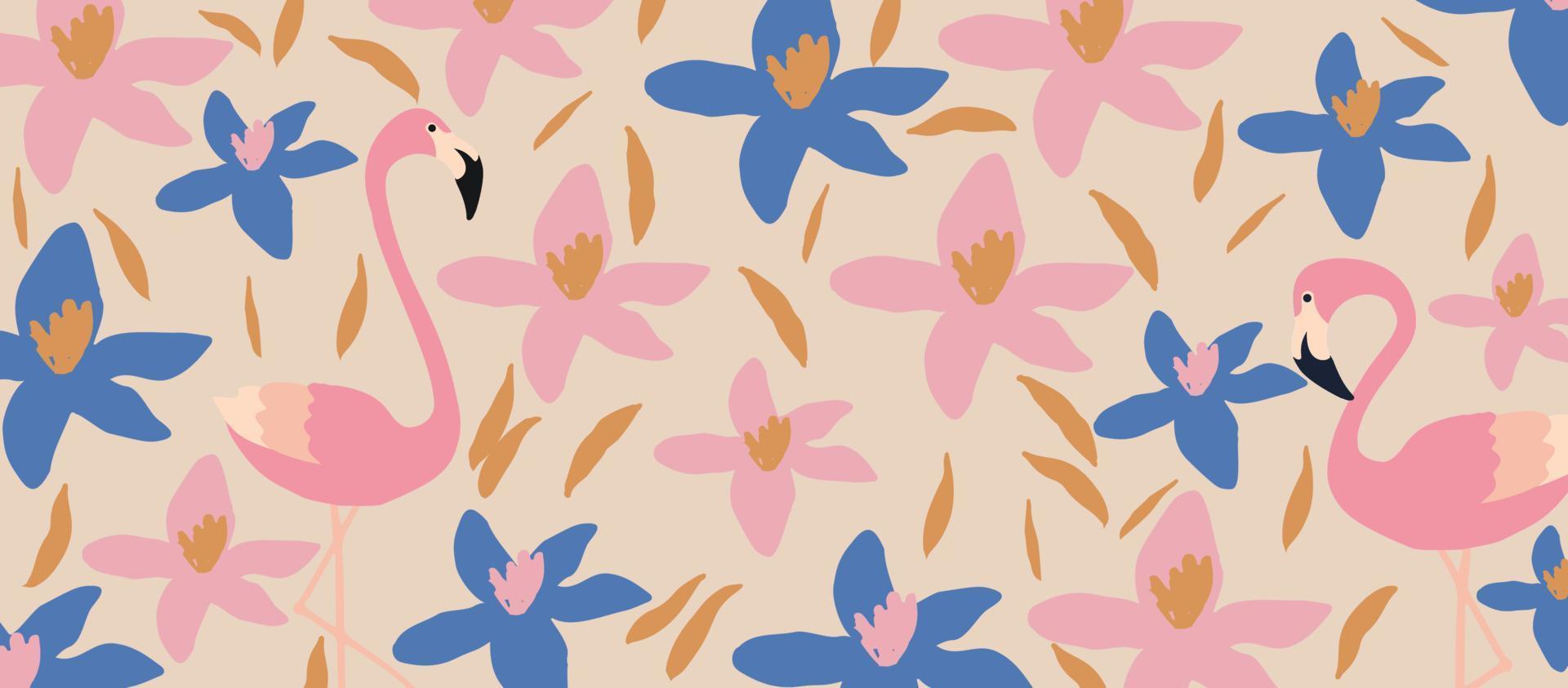 abstrakt konst natur bakgrund vektor. söt trädgård blommor, löv och flamingos mjuk pastell mönster. botanisk design för baner, vägg konst, kort, grafik och tyger vektor