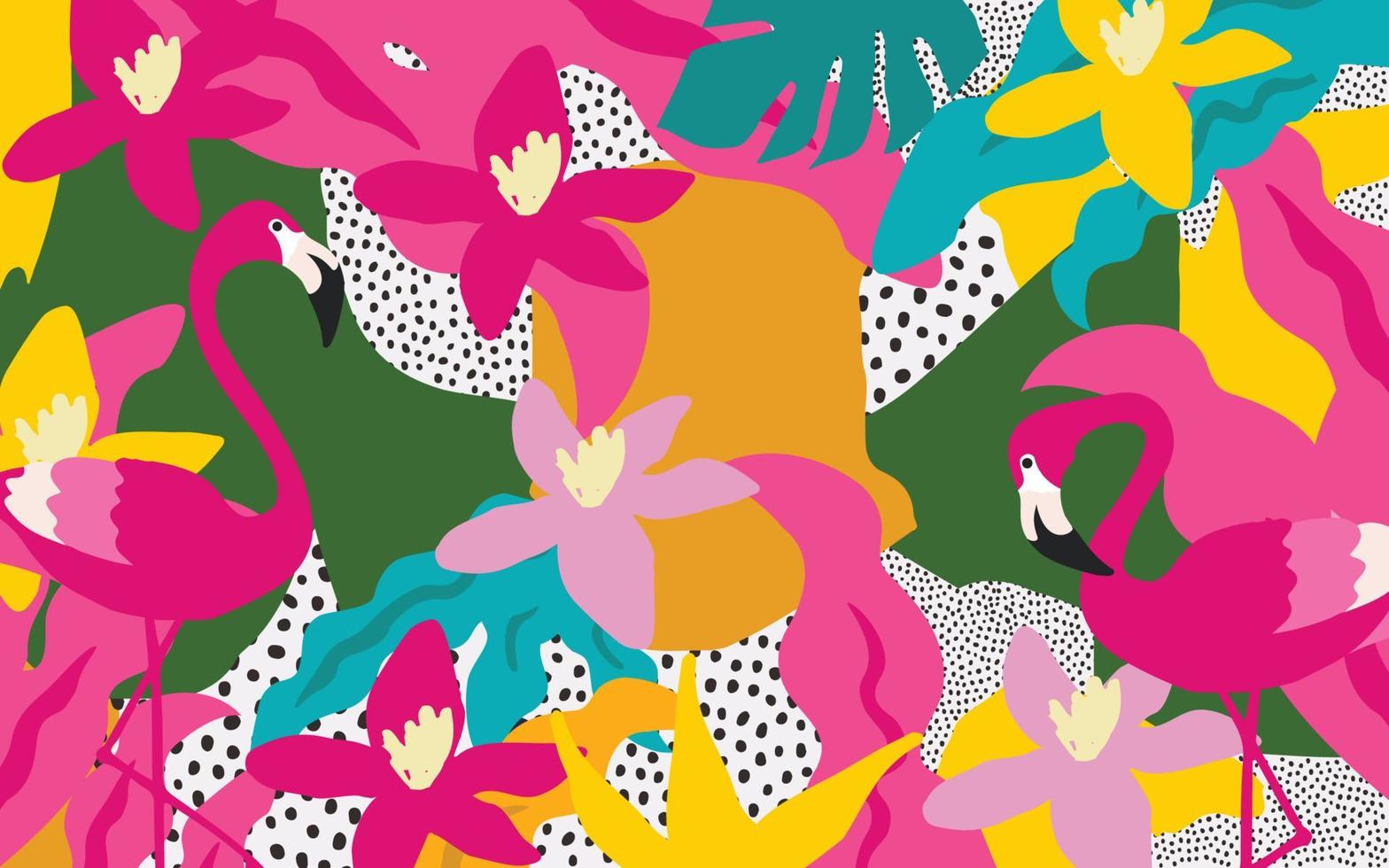 niedliche gartenblumen und blätter mit buntem muster der flamingos. Flamingovögel mit botanischen Elementen, Vektorgrafik-Design für Mode, Stoffe, Tapeten, Karten, Drucke vektor