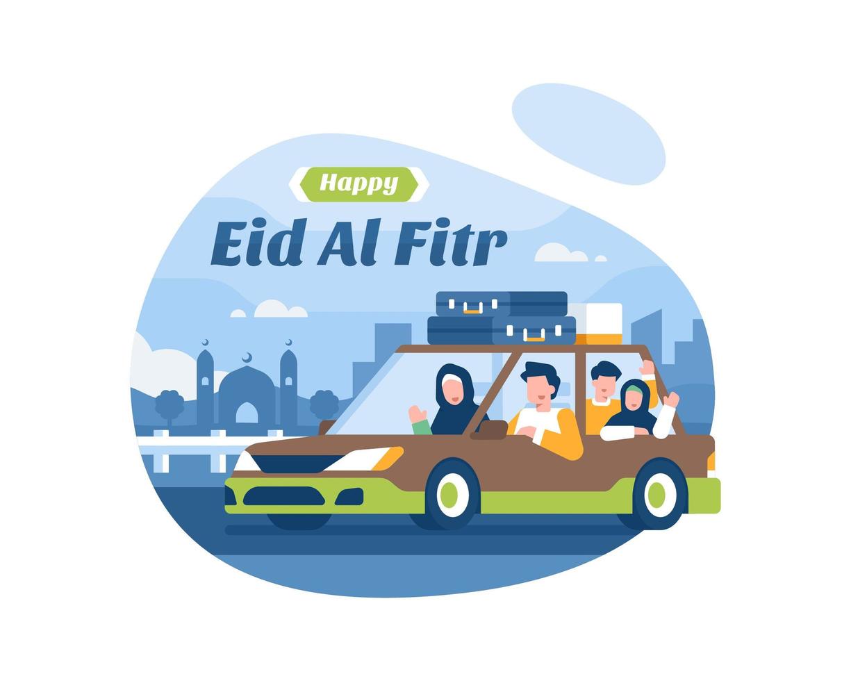 glad eid al fitr bakgrund med muslimsk familj som åker på semester vektor