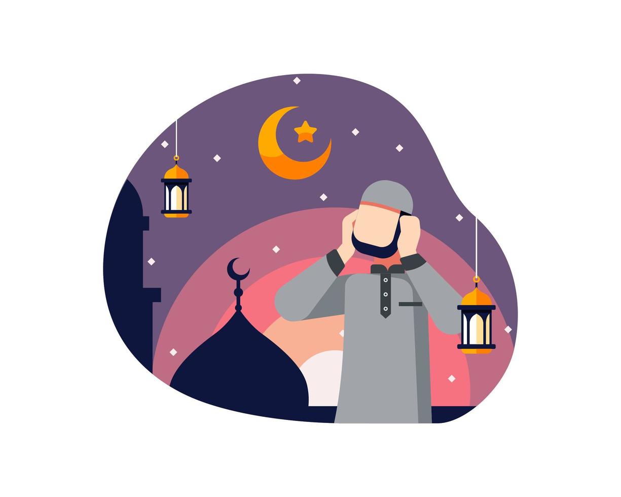 Ramadan Hintergrund mit muslimischen Mann, der Gebetsanruf macht vektor