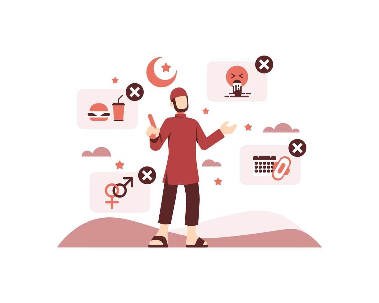 Ramadan-Illustration mit einem muslimischen Mann, umgeben von Ramadan vektor