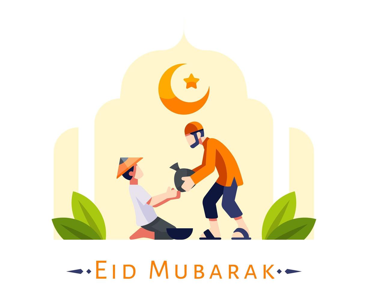 Eid Mubarak Hintergrund mit jungen muslimischen Mann geben Spende vektor