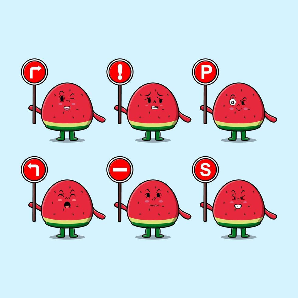 niedliche wassermelonenkarikatur, die verkehrszeichen hält vektor