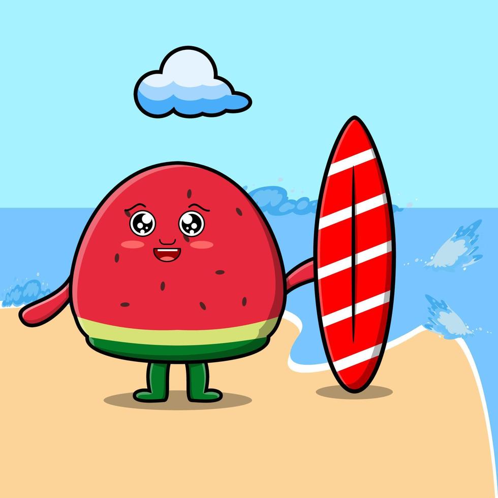 söt tecknad serie vattenmelon karaktär spelar surfing vektor