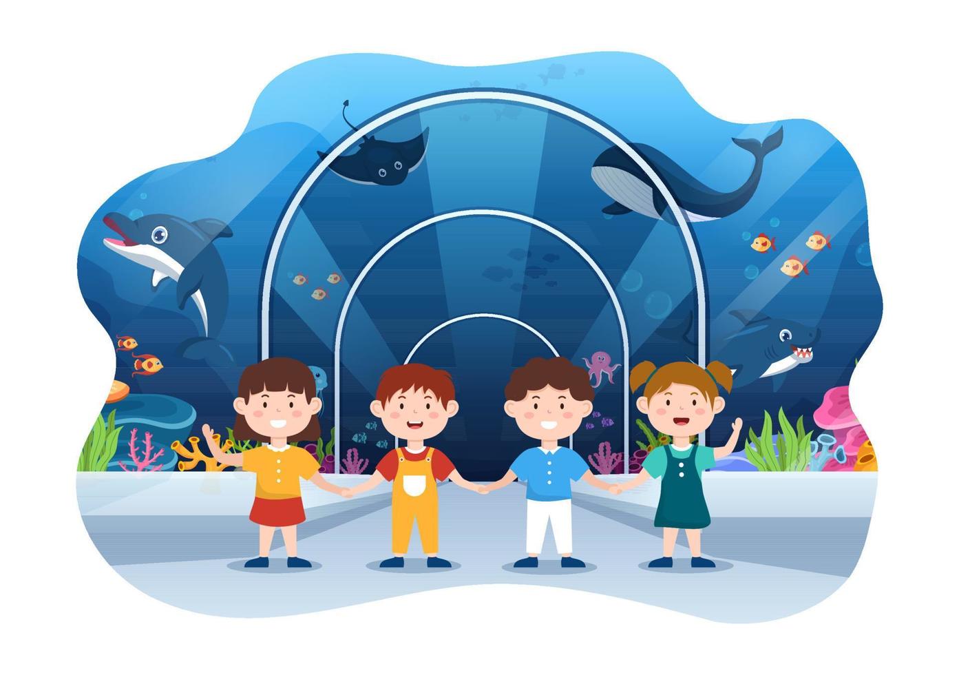 Aquarium-Vorlage handgezeichnete Cartoon-Flachillustration mit Kindern, die Unterwasserfische, die Vielfalt der Meerestiere, die Meeresflora und -fauna betrachten vektor
