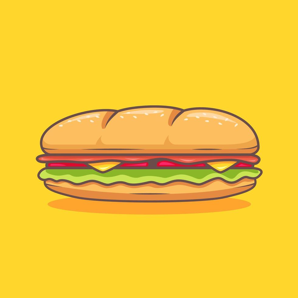 kort u-båt smörgås med tomat, Cheddarost ost, och ko nötkött skinka croque vektor illustration