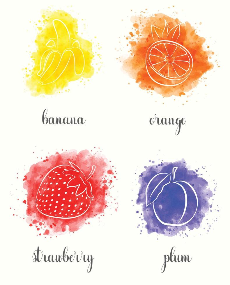 vattenfärg frukter, uppsättning. banan, orange, jordgubbe, plommon vektor
