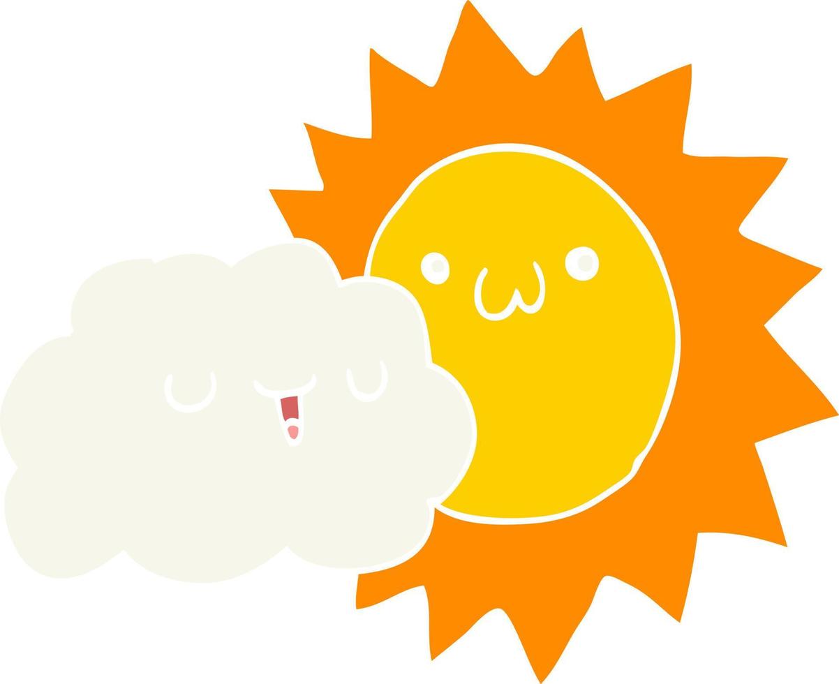 Cartoon-Sonne und Wolke im flachen Farbstil vektor