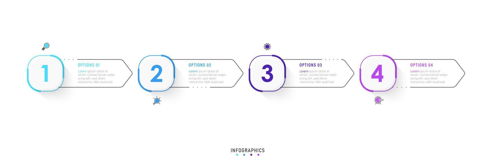 vektor infographic etikett designmall med ikoner och 4 alternativ eller steg. kan användas för processdiagram, presentationer, arbetsflödeslayout, banner, flödesschema, infograf.