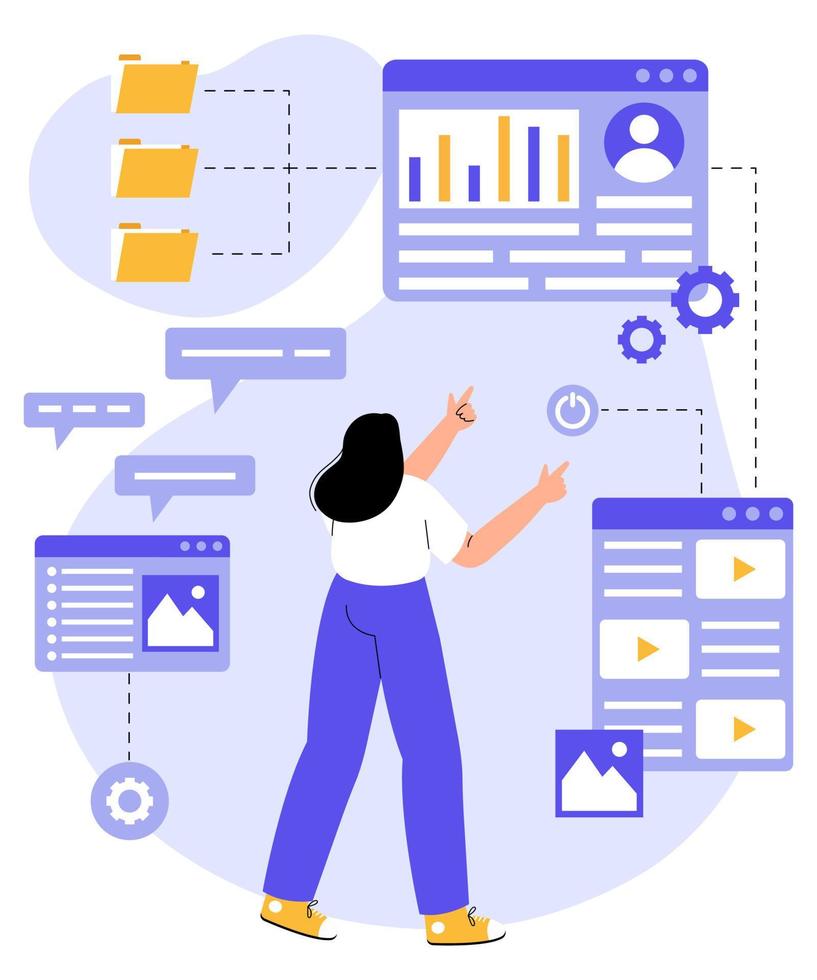 cms förvaltning och utveckling, hemsida och administrering begrepp. administratör arbetssätt med data bas, information teknologi system. platt vektor illustration isolerat på vit bakgrund