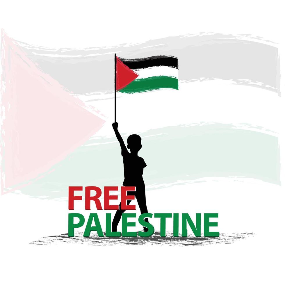 freies palästina der junge steht mit flaggenvektorillustrationshintergrund. bete für palästina-flaggentapete, flyer, banner, t-shirt, postvektorillustration vektor