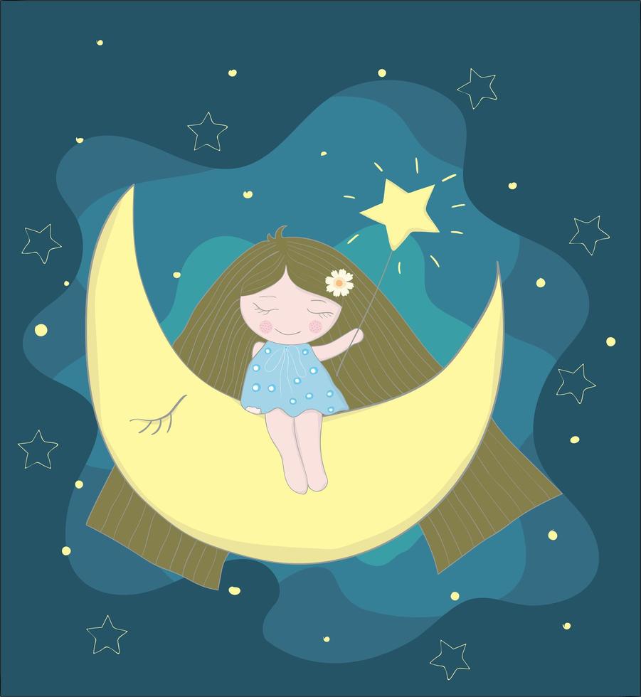 flicka sitter på månen i natthimlen vektor