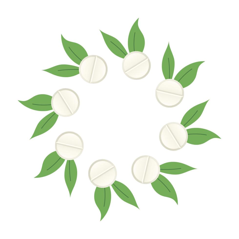 alternativ medicin. ört. dekorativ cirkel med piller och löv. vektor illustration isolerat på vit bakgrund.