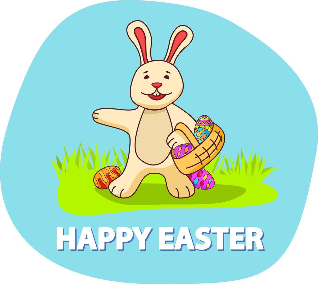 Der Hase hält einen Korb mit Ostereiern in der Hand. das plakat ist festlicher frühling. Ei mit einem Ornament liegt auf einem Gras. ein flacher vektor eine illustration mit einem hasen schön die karikatur die figur.