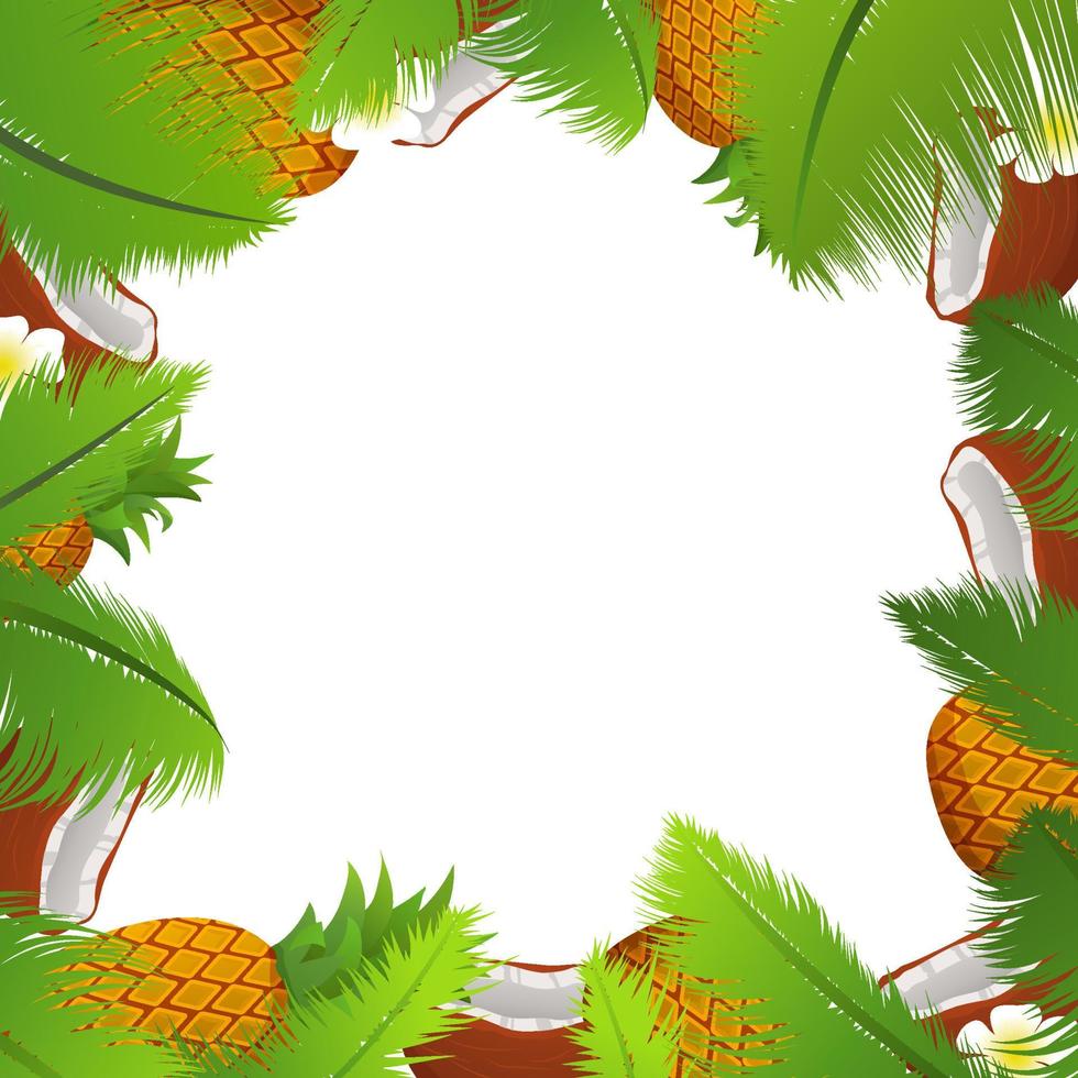 tropische vorlage eines rahmens für ein banner mit palmblättern und coco, ananas und blumen. poster obst und nuss. vektor