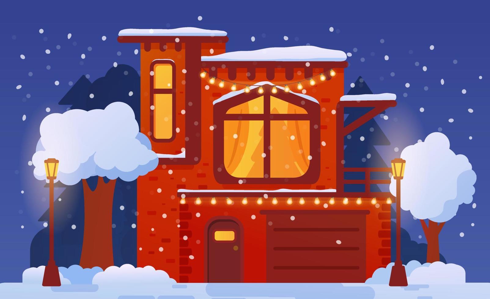 jul hus dekorerad med lysande gata lampor och täckt förbi snö,. vinter- lantlig landskap med gran träd i de snö. Semester illustration vektor. vektor