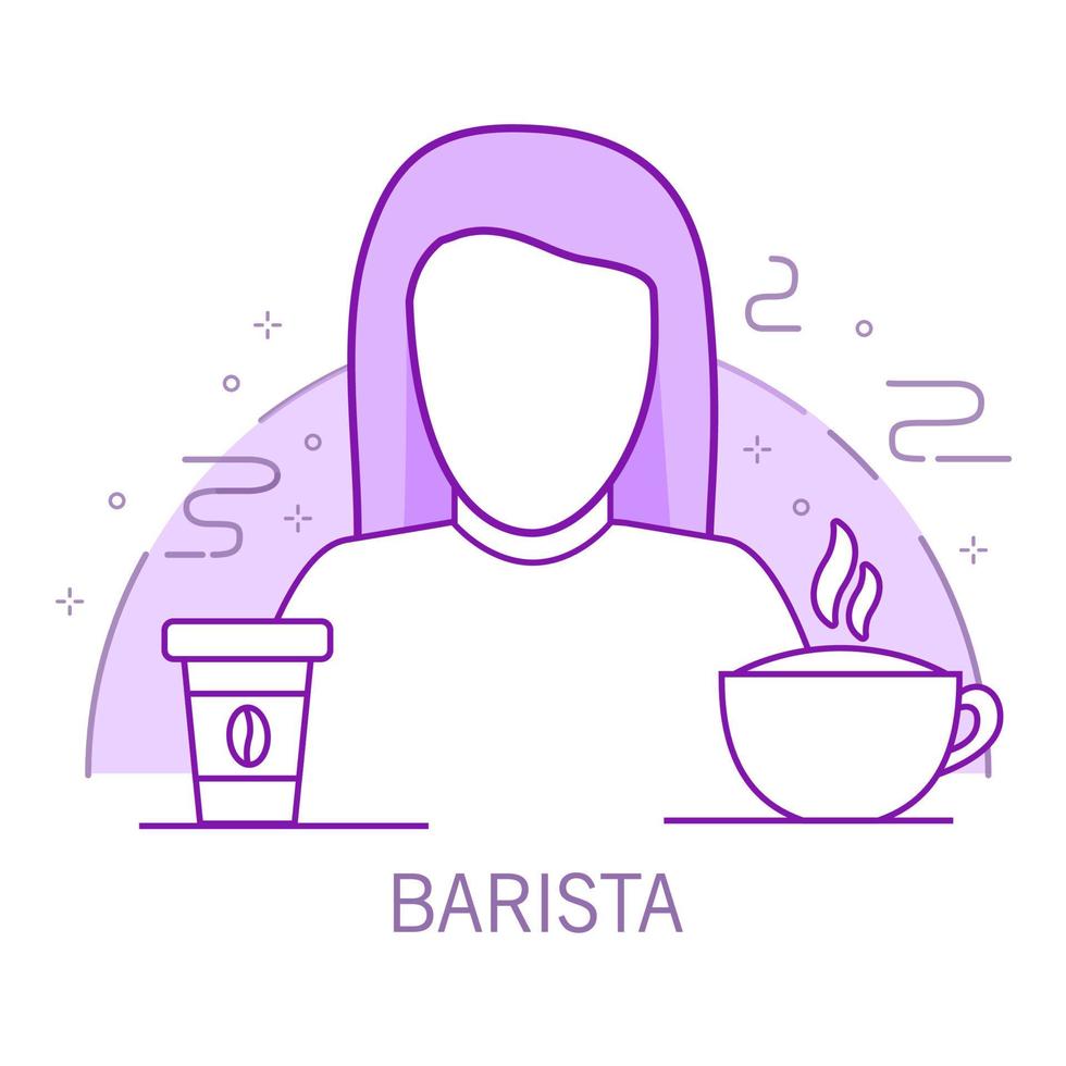 flicka Barista översikt tecknad serie karaktär med en cappuccino och en papper kopp av kaffe.varmt dryck. linje konst vektor.isolerad på en vit bakgrund. vektor