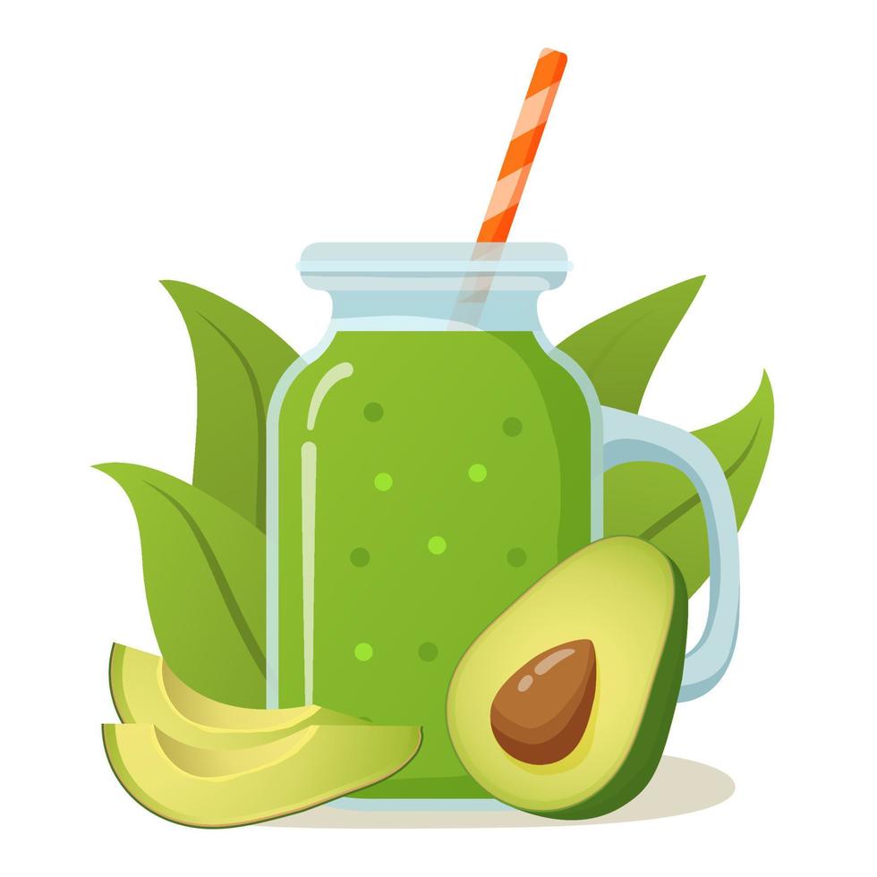 Glas mit Smoothie-Avocado-Shake-Cocktail.natürlicher Gemüsesaft.Vektorillustration in flach.Symbol für eine mobile Anwendung oder Website.isoliert auf weißem Hintergrund. vektor